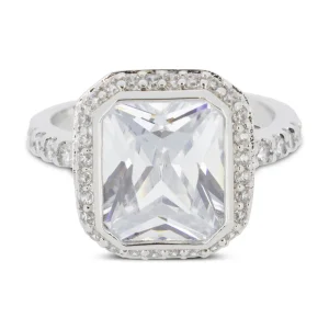 Covet Rhodium Plated Cubic Zirconia Large Square Cut Silver Ring - Size 9