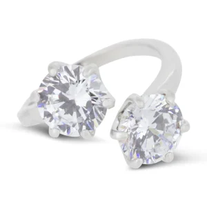 Covet Rhodium Plated Cubic Zirconia 2 Stone Split Silver Ring - Size 7