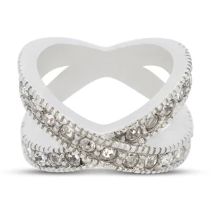 Covet Rhodium Plated Cross Over Crystal Silver Ring - Size 5