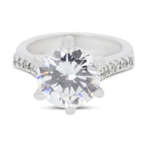 Covet Rhodium Plated Cubic Zirconia 6 Prong Silver Ring - Size 6