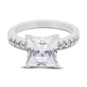 Covet Rhodium Plated Cubic Zirconia Square Cut Silver Ring - Size 5