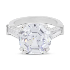 Covet Rhodium Plated Cubic Zirconia Large Solitaire Crystal Silver Ring - Size 7