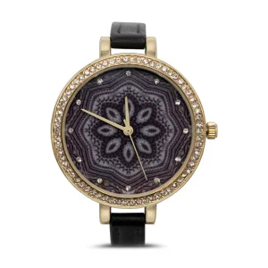 Jessica Carlyle Women's Black Strap Flower Pattern Watch & Bangle Set 1781