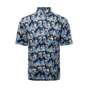 Fynch Hatton Men's Linen Tropical Print Shirt Navy