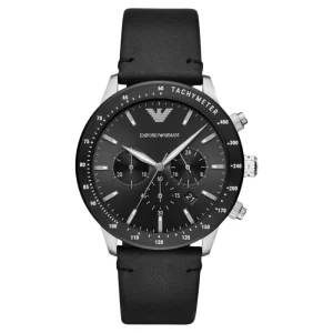 Emporio Armani Men's Black Chrono Dial Black Leather Strap Watch AR11243