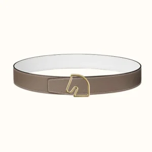 BOUCLE BELT BUCKLE & REVERSIBLE KHAKI BROWN AND WHITE LEATHER STRAP 38MM GOLD HARDWARE