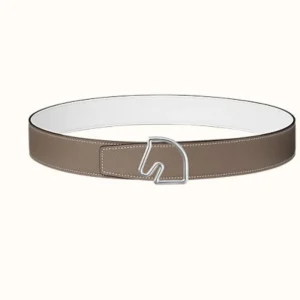 BOUCLE BELT BUCKLE & REVERSIBLE KHAKI BROWN AND WHITE LEATHER STRAP 38MM SILVER HARDWARE