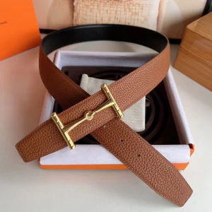 HM JUMBO BELT BUCKLE & REVERSIBLE CIDER ORANGE AND BLACK LEATHER STRAP 38 MM GOLD HARDWARE