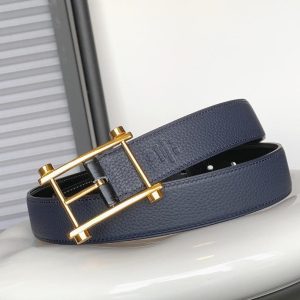 HM REVERSIBLE NAVY BLUE LEATHER STRAP 32 MM GOLD HARDWARE