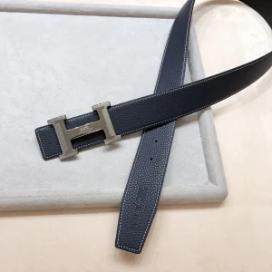 HM H D'ANCRE BELT BUCKLE & REVERSIBLE BLACK LEATHER STRAP 38 MM GREY SILVER HARDWARE