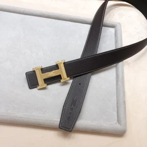 HM H D'ANCRE BELT BUCKLE & REVERSIBLE BLACK AND CHOCOLATE BROWN LEATHER STRAP 38 MM GOLD HARDWARE