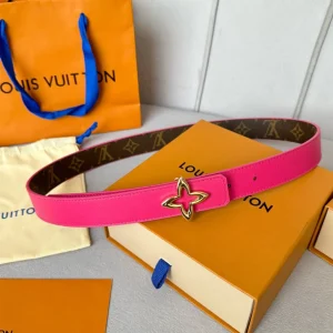 LV  MINI FLOWERGRAM 30MM REVERSIBLE BELT IN BRIGHT PINK CALFSKIN GOLD HARDWARE