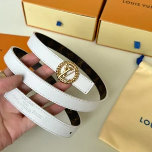 LV Circle Nautical 20mm Reversible Belt Gold Buckle White Brown Lambskin