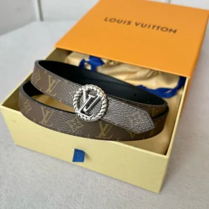 LV Circle Nautical 20mm Reversible Belt Silver Buckle Black Brown Lambskin