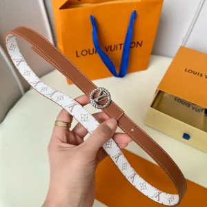 LV Circle Nautical 20mm Reversible Square End Tip Belt Silver Buckle Tan White lambskin