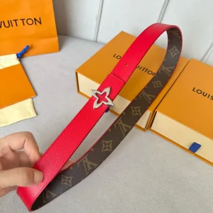 LV Flowergram 30mm Reversible Belt Silver Buckle Red Brown Leather