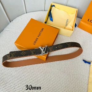LV Initiales 30mm Reversible Belt Silver Rotating Buckle Tan Brown Leather