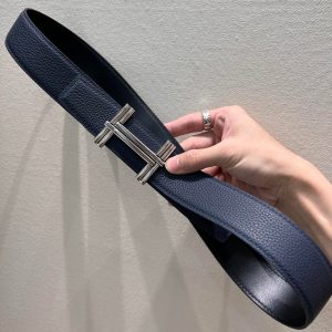 HM TRAVERSE BELT BUCKLE & REVERSIBLE NAVY BLUE LEATHER STRAP 38 MM SILVER HARDWARE