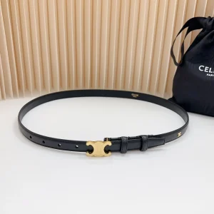 Triomphe Belt 18mm Black Calfskin Gold Buckle Logo Motif Attached