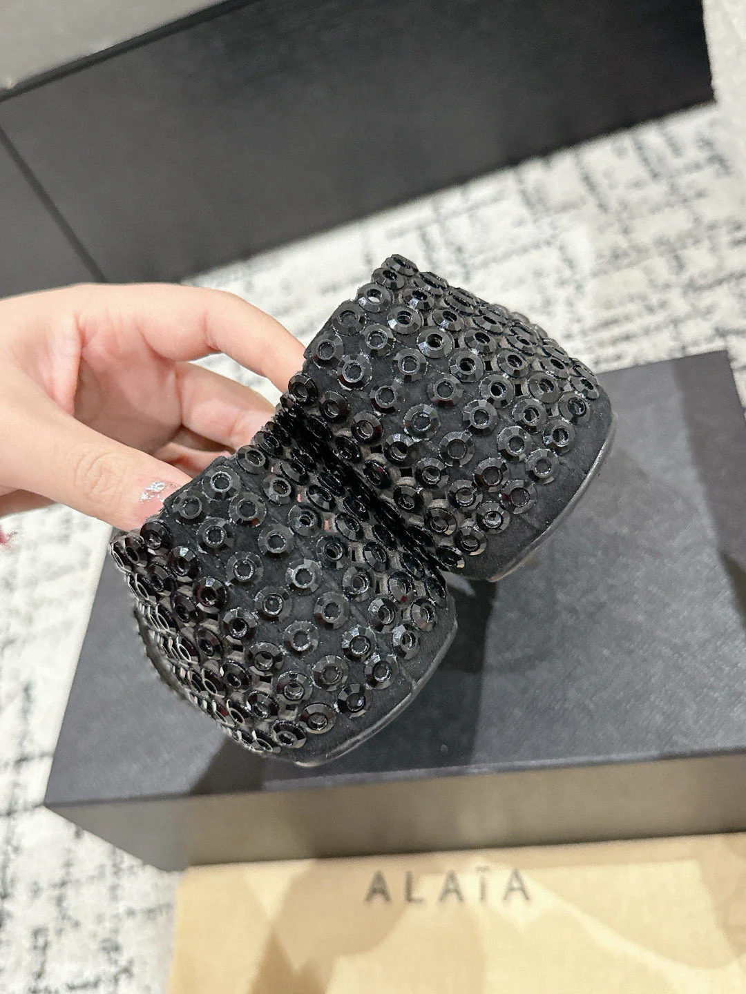 Alaia 25 Embellished Mary Jane Flats Black Suede  293178 - Image 4