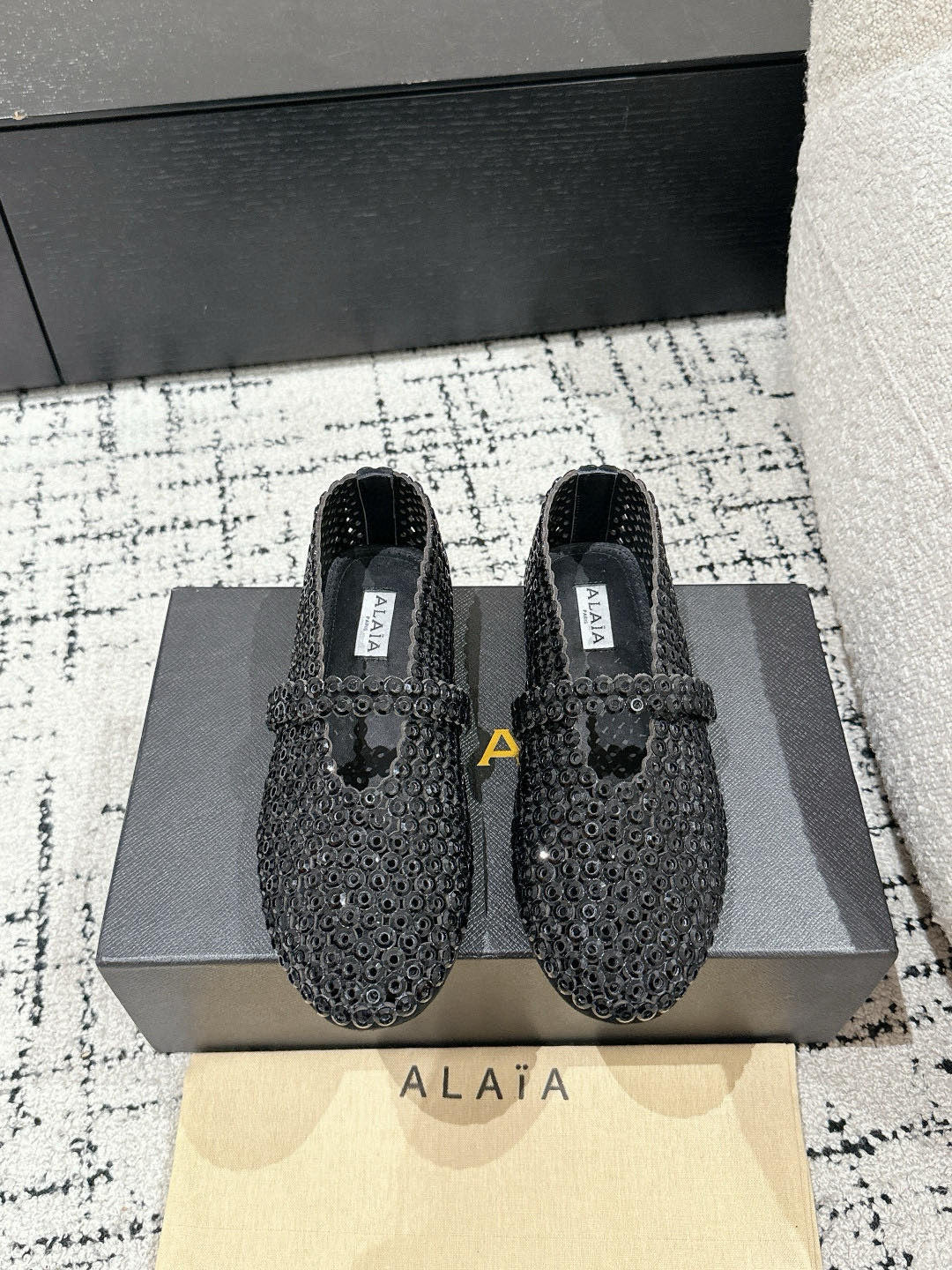 Alaia 25 Embellished Mary Jane Flats Black Suede  293178 - Image 9