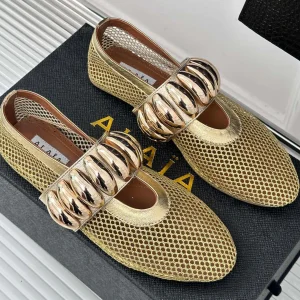 Alaia 25 Mary Jane Mesh Ballet Flats Gold Calfskin 293249