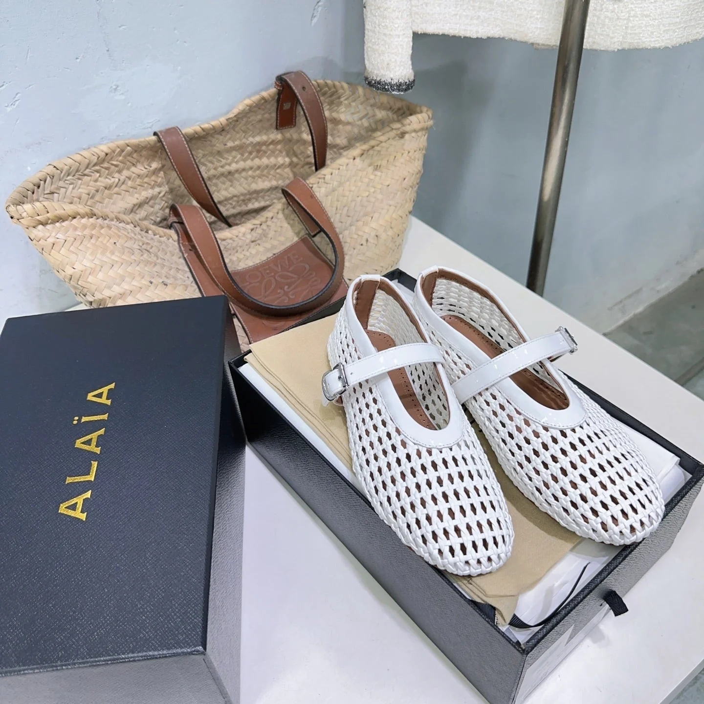 Alaia 25 Marry Janes Ballet Flats White Wool Sheepskin 300455 - Image 5