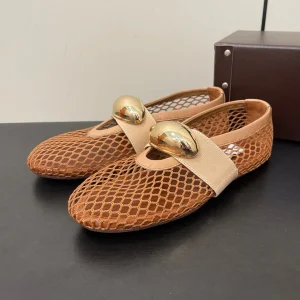 ALAIA BALLET FLATS IN COPPER BROWN MESH FISHNET WITH GOLD HARDWARE