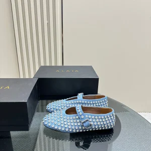 ALAIA CRYSTAL EMBELLISHED BALLET FLATS IN LIGHT BLUE DENIM