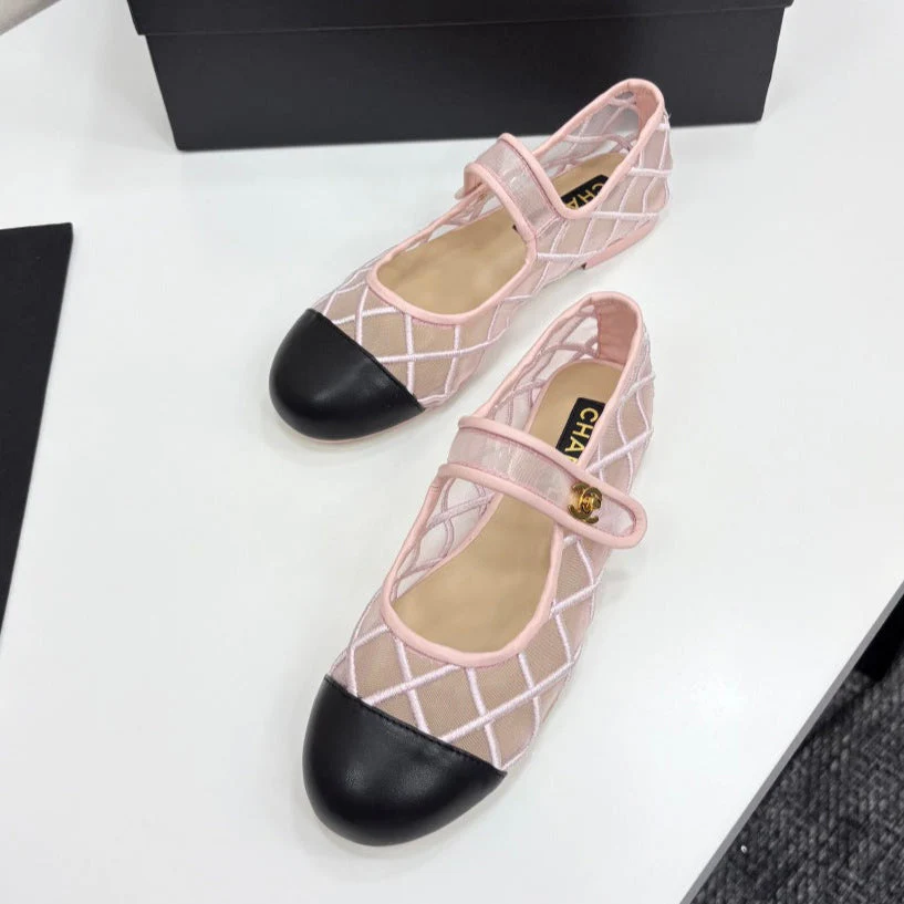 CC 25 Mary Jane White Pink Mesh Black Calfskin