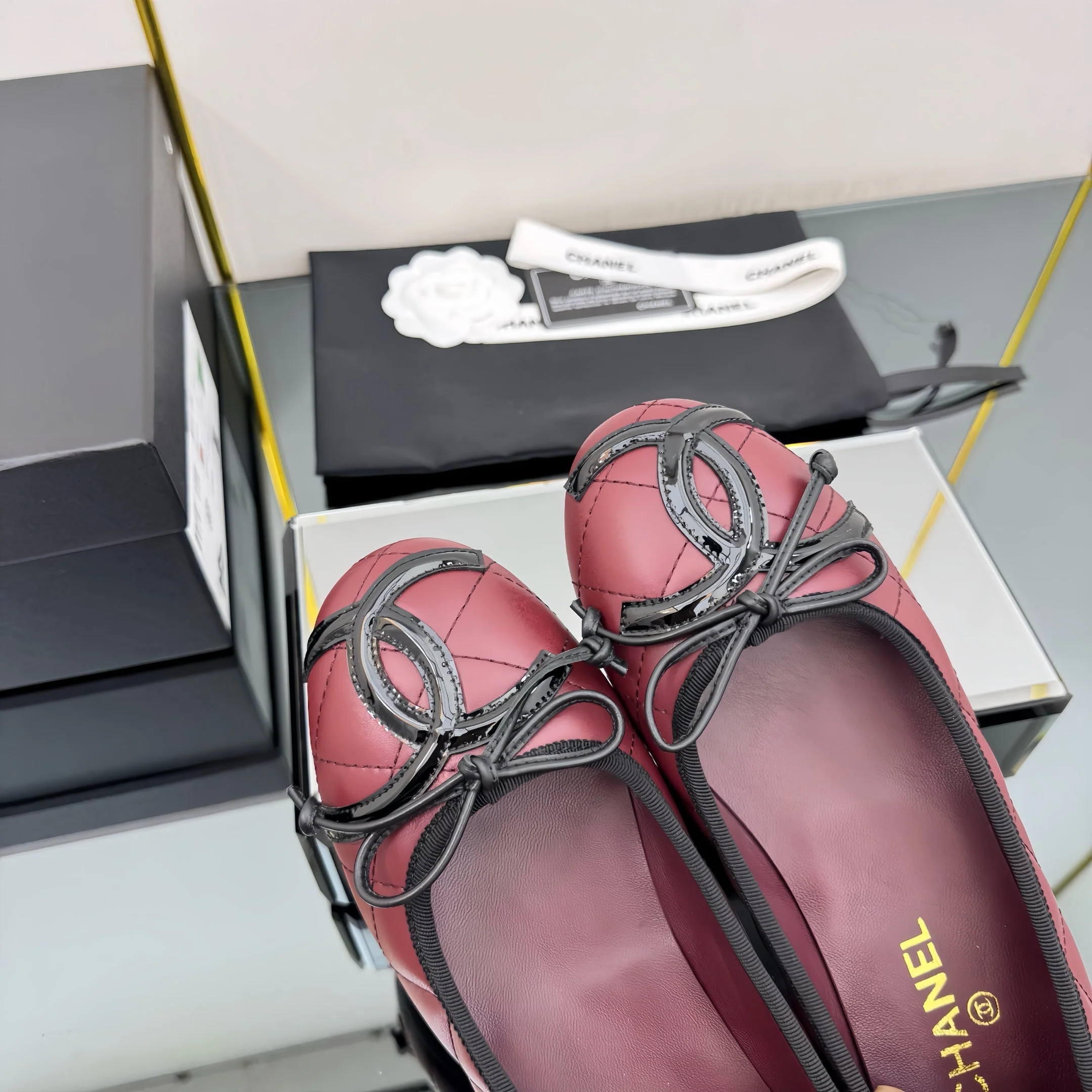 CC 25 Cambon Ballet Flat Burgundy Black Quilted Calfskin - Image 9