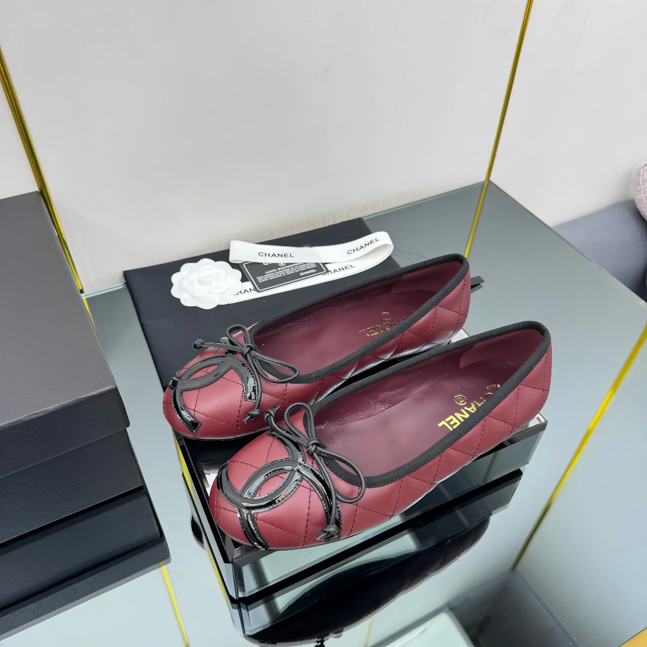 CC 25 Cambon Ballet Flat Burgundy Black Quilted Calfskin - Image 7