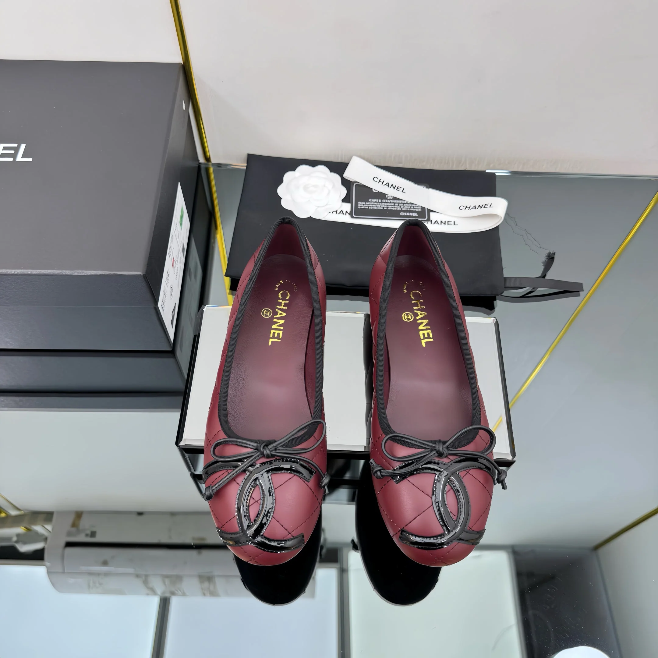 CC 25 Cambon Ballet Flat Burgundy Black Quilted Calfskin - Image 4