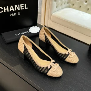 CC 25P Ballet Heel 50mm Black Beige Raffia Large Logo