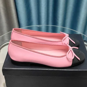 CC 25P Ballet Flat Pink Calfskin Black Grosgrain