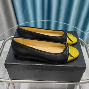 CC 25P Ballet Flat Black Calfskin Yellow Patent Calfskin