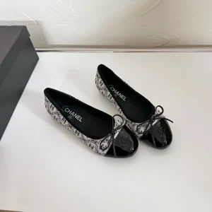 Ballet Flats White Cloth Black Patent Calfskin