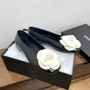 CC Ballet Flats Black With Camellia White Lambskin