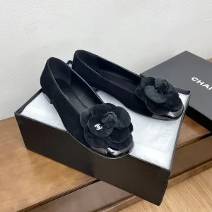 CC Ballet Flats Black With Camellia Black Suede