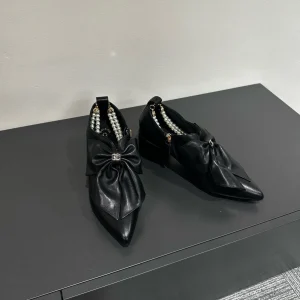 CC Pointed Toe High Heels Black Bow Tie Cowhide