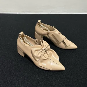 CC Pointed Toe High Heels Beige Bow Tie Cowhide