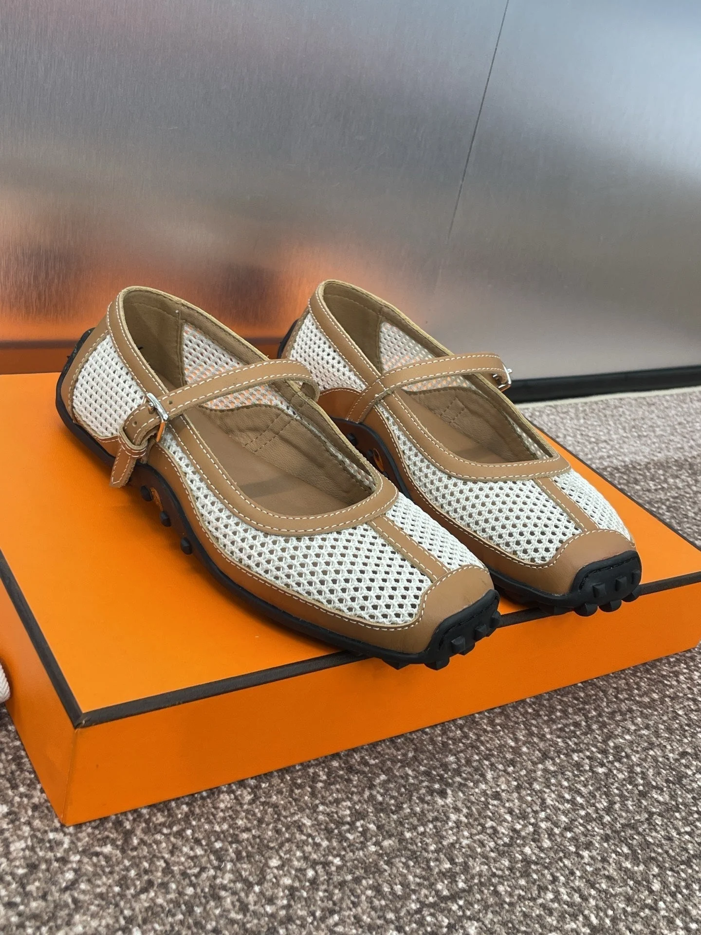 HM 25C Kichu Ballet Flat Brown mix White Fabric with Calfskin 208280 - Image 8