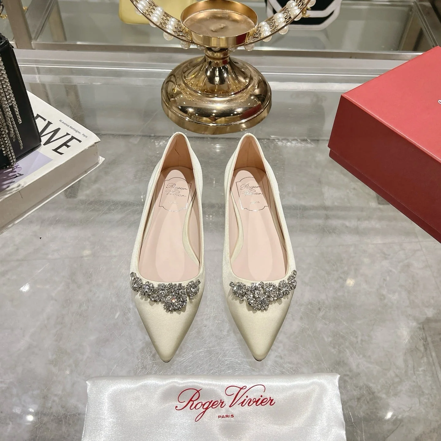 Viv 25 Crystal Diamond Buckle Flats Beige Silk Satin 235393