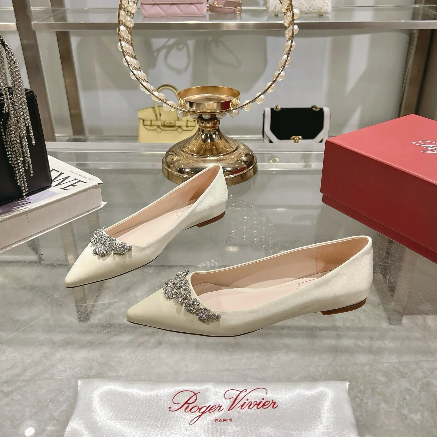 Viv 25 Crystal Diamond Buckle Flats Beige Silk Satin 235393 - Image 7