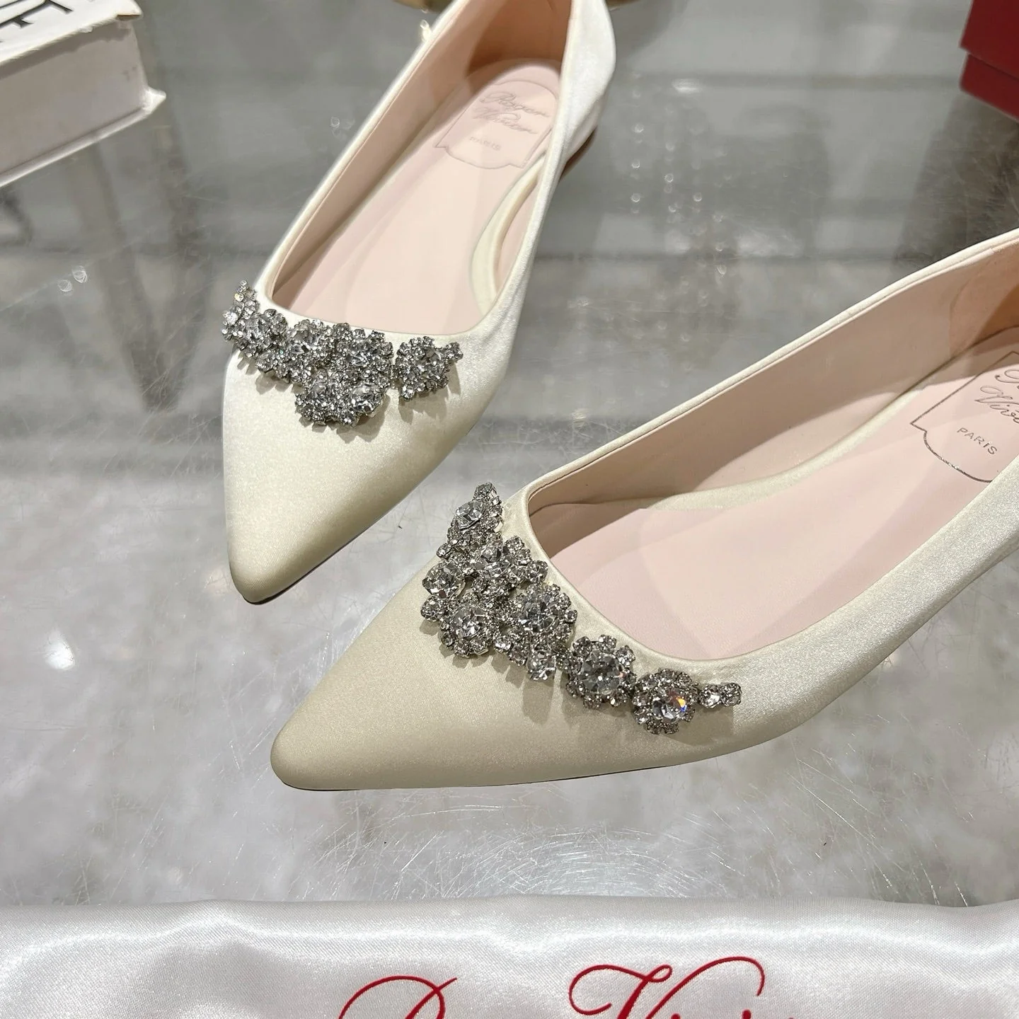 Viv 25 Crystal Diamond Buckle Flats Beige Silk Satin 235393 - Image 4