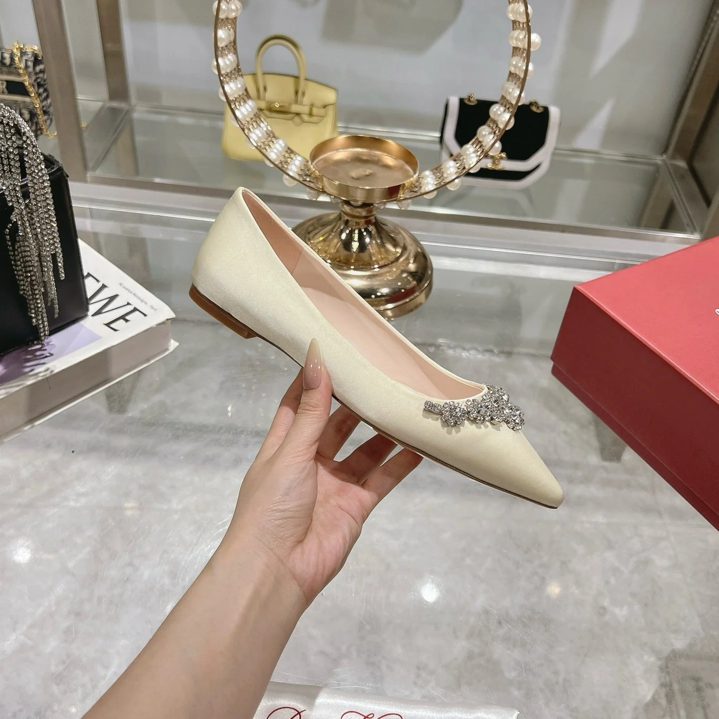 Viv 25 Crystal Diamond Buckle Flats Beige Silk Satin 235393 - Image 2