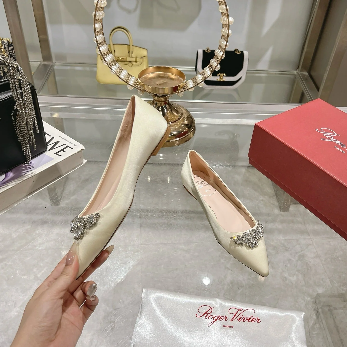 Viv 25 Crystal Diamond Buckle Flats Beige Silk Satin 235393 - Image 6