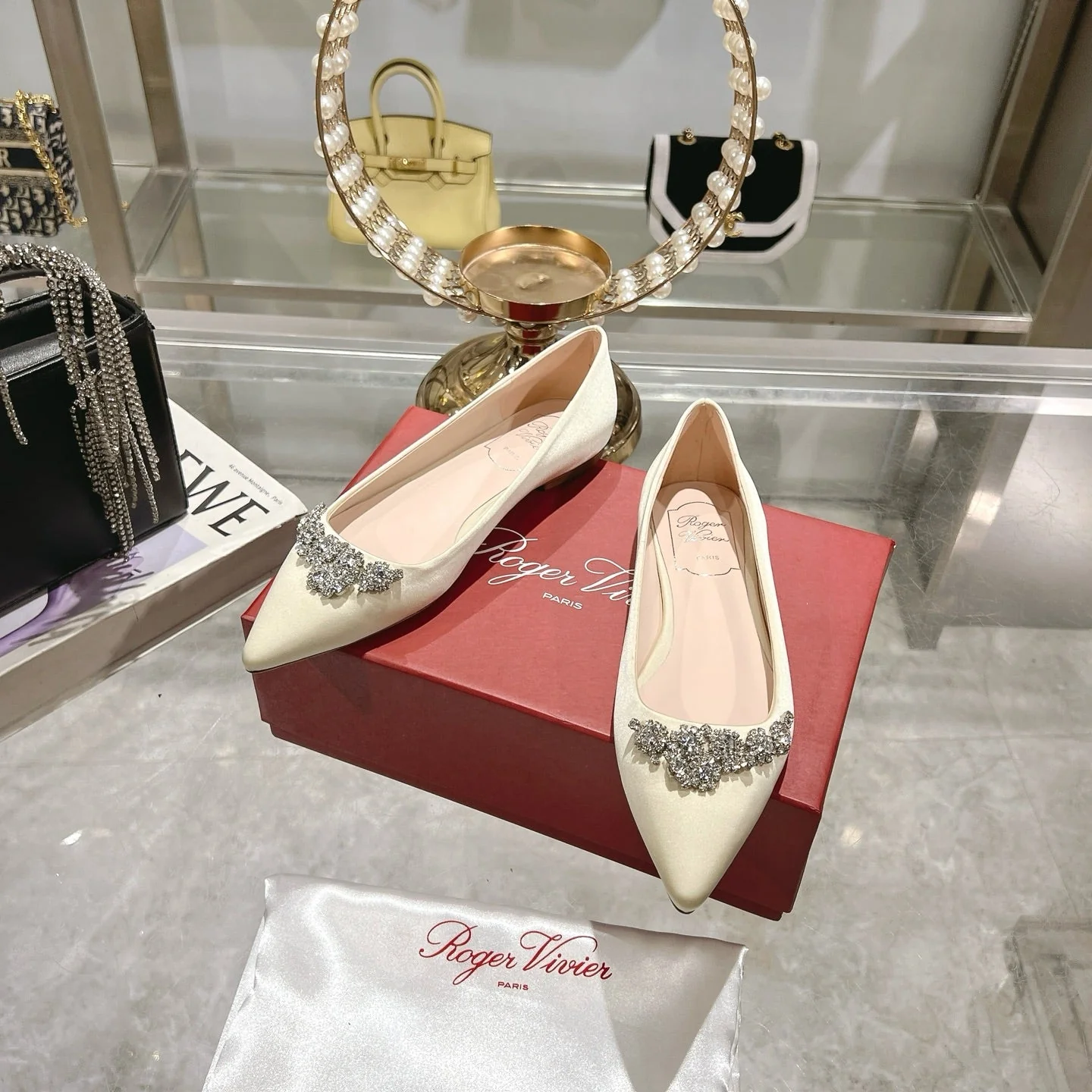 Viv 25 Crystal Diamond Buckle Flats Beige Silk Satin 235393 - Image 5