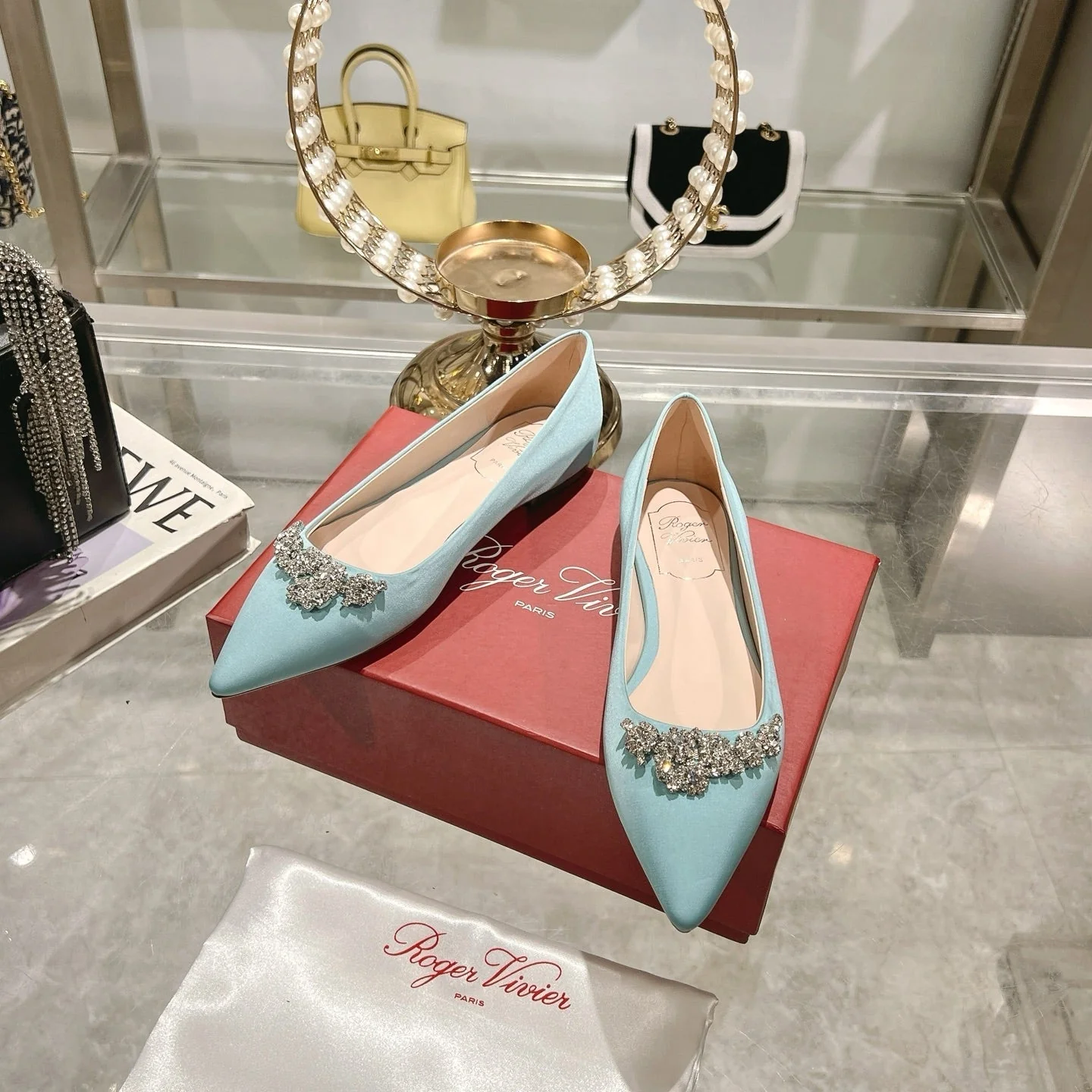 Viv 25 Crystal Diamond Buckle Flats Blue Silk Satin 235394