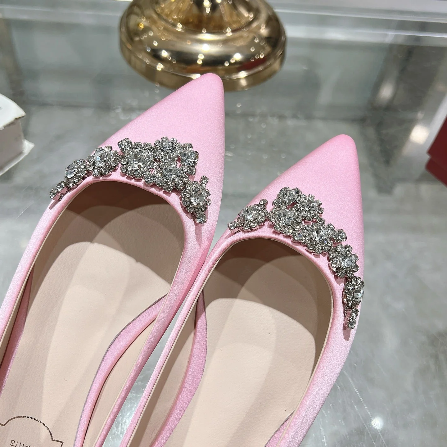 Viv 25 Crystal Diamond Buckle Flats Pink Silk Satin 235395 - Image 3